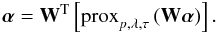 Mathematical equation: \begin{equation} \alphabold = \mathbf{W}^{\rm T} \left[\mathrm{prox}_{p,\lambda,\tau} \left( \mathbf{W} \alphabold \right) \right]. \label{eq:proximal_wavelet} \end{equation}