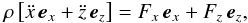 Mathematical equation: \begin{equation} \label{motion} \rho\left[\ddot{x}\,\vec{e}_x+\ddot{z}\,\vec{e}_z\right]=F_x\,\vec{e}_x+F_z\,\vec{e}_z, \end{equation}