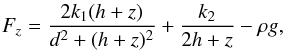 Mathematical equation: \begin{eqnarray} \label{Fz2} F_z=\frac{2k_1(h+z)}{d^2+(h+z)^2}+\frac{k_2}{2h+z}-\rho g, \end{eqnarray}