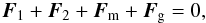Mathematical equation: \begin{eqnarray} \label{totforce} \vec{F}_1+\vec{F}_2+\vec{F}_{\rm m}+\vec{F}_{\rm g}=0, \end{eqnarray}