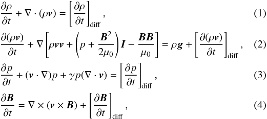 Mathematical equation: \begin{eqnarray} \label{eq:den} &&\frac{\partial\rho}{\partial t}+\nabla \cdot(\rho{\vec v})= \left[\frac{\partial\rho}{\partial t} \right]_{\rm diff} , \\ \label{eq:mom} &&\frac{\partial (\rho{\vec v})}{\partial t}+\nabla\left [\rho{\vec{vv}}+\left (p+\frac{{\vec B}^2}{2 \mu_0}\right ){\vec I}-\frac{{\vec B}{\vec B}}{\mu_0}\right]=\rho{\vec g} + \left [\frac{\partial (\rho{\vec v})}{\partial t} \right]_{\rm diff} , \quad\quad\\ \label{eq:ei} &&\frac{\partial p}{\partial t}+ (\vec{v} \cdot \nabla) p + \gamma p (\nabla \cdot \vec{v}) = \left [\frac{\partial p}{\partial t} \right]_{\rm diff} , \\ \label{eq:ind} &&\frac{\partial {\vec B}}{\partial t}=\nabla\times ({\vec v} \times {\vec B}) + \left [\frac{\partial {\vec B}}{\partial t}\right]_{\rm diff} , \end{eqnarray}