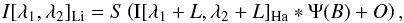 Mathematical equation: \begin{equation} {I}[\lambda_1,\lambda_2]_{\text{Li}} = S\left(\text{I}[\lambda_1+L,\lambda_2+L]_{\text{Ha}} * \Psi(B) + O\right), \label{eq:transformation} \end{equation}