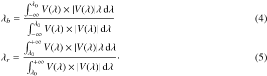 Mathematical equation: \begin{eqnarray} &&\lambda_b = \frac{\int^{\lambda_0}_{-\infty} V(\lambda)\times|V(\lambda)|\lambda \,\mathrm{d}\lambda} {\int^{\lambda_0}_{-\infty}V(\lambda)\times|V(\lambda)|\,\mathrm{d}\lambda} \\ &&\lambda_r = \frac{\int^{+\infty}_{\lambda_0} V(\lambda)\times|V(\lambda)|\lambda \,\mathrm{d}\lambda} {\int^{+\infty}_{\lambda_0} V(\lambda)\times|V(\lambda)|\,\mathrm{d}\lambda} \cdot \end{eqnarray}