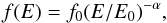 Mathematical equation: \begin{equation} f(E) = f_0(E/E_0)^{-\alpha} , \end{equation}