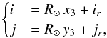 Mathematical equation: \begin{equation} \label{eq:image} \begin{cases} i &= R_\sun \, x_3 + i_r \\ j &= R_\sun \, y_3 + j_r, \end{cases} \end{equation}
