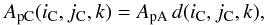 Mathematical equation: \begin{equation} A_\text{pC}(i_{\rm C},j_{\rm C},k) = A_\text{pA} \, d(i_{\rm C}, j_{\rm C}, k) , \end{equation}
