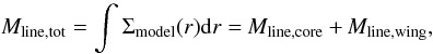 Mathematical equation: \begin{equation} \mtotb = \int \Sigma_{\mathrm{model}}(r){\rm d}r=\mcoreb+ \mwingb, \label{profile} \end{equation}