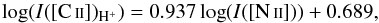 Mathematical equation: \begin{equation} \label{eq:1} \log(I(\cii)_\mathrm{H^+})=0.937\log(I(\nii))+0.689, \end{equation}