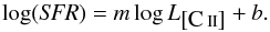 Mathematical equation: \begin{equation} \label{eq:2} \log({\it SFR})=m \log L_{\cii}+b. \end{equation}