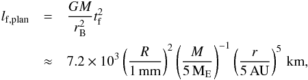 Mathematical equation: \begin{eqnarray} l_{\rm f,plan} &=& \frac{GM}{r_{\rm B}^2} t_{\rm f}^2 \nonumber \\ &\approx& 7.2 \times 10^3 \left( \frac{R}{1\,{\rm mm}} \right)^{2} \left( \frac{M}{5\,{\rm M}_{\rm E}} \right)^{-1} \left( \frac{r}{5\,{\rm AU}} \right)^{5} \,{\rm km}, \label{eq:lgplan} \end{eqnarray}