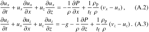 Mathematical equation: \appendix \setcounter{section}{1} \begin{eqnarray} && \frac{\partial u_x}{\partial t} + u_x \frac{\partial u_x}{\partial x} + u_z \frac{\partial u_x}{\partial z} = - \frac{1}{\rho} \frac{\partial P}{\partial x} + \frac{1}{t_{\rm f}} \frac{\rho_{\rm p}}{\rho} \left( v_x-u_x \right),\\ && \frac{\partial u_z}{\partial t} + u_x \frac{\partial u_z}{\partial x} + u_z \frac{\partial u_z}{\partial z} = -g -\frac{1}{\rho} \frac{\partial P}{\partial z} + \frac{1}{t_{\rm f}} \frac{\rho_{\rm p}}{\rho} \left( v_z-u_z \right). \label{eq:mom_g_2D} \end{eqnarray}