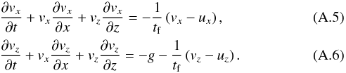 Mathematical equation: \appendix \setcounter{section}{1} \begin{eqnarray} &&\frac{\partial v_x}{\partial t} + v_x \frac{\partial v_x}{\partial x} + v_z \frac{\partial v_x}{\partial z} = - \frac{1}{t_{\rm f}} \left( v_x-u_x \right), \\ & &\frac{\partial v_z}{\partial t} + v_x \frac{\partial v_z}{\partial x} + v_z \frac{\partial v_z}{\partial z} = -g - \frac{1}{t_{\rm f}} \left( v_z-u_z \right). \label{eq:mom_p_2D} \end{eqnarray}