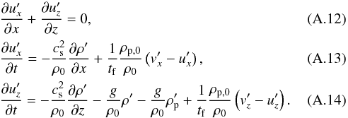 Mathematical equation: \appendix \setcounter{section}{1} \begin{eqnarray} &&\frac{\partial u_x' }{\partial x} + \frac{\partial u_z'}{\partial z} = 0, \label{eq:cont_g_2D_O1} \\ &&\frac{\partial u_x'}{\partial t} = - \frac{c_{\rm s}^2}{\rho_0} \frac{\partial \rho'}{\partial x} + \frac{1}{t_{\rm f}} \frac{\rho_{\rm p,0}}{\rho_0} \left( v_x' -u_x' \right) , \label{eq:mom_g_2D_O1} \\ &&\frac{\partial u_z'}{\partial t } = - \frac{c_{\rm s}^2}{\rho_0} \frac{\partial \rho'}{\partial z} -\frac{g}{\rho_0} \rho' -\frac{g}{\rho_0} \rho_{\rm p}' + \frac{1}{t_{\rm f}} \frac{\rho_{\rm p,0}}{\rho_0} \left( v_z' -u_z' \right). \label{eq:mon_g_2D,z} \end{eqnarray}