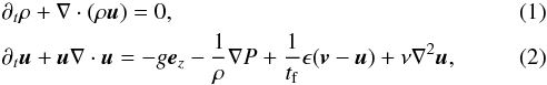Mathematical equation: \begin{eqnarray} &&\partial_t \rho +\nabla \cdot (\rho \vc u) =0, \label{eq:SI_gas_cont}\\ && \partial_t \vc u + \vc u \nabla \cdot \vc u = -g \vc e_z -\frac{1}{\rho} \nabla P +\frac{1}{t_{\rm f}} \epsilon (\vc v- \vc u) + \nu \nabla^2 \vc u, \label{eq:SI_gas_mom} \end{eqnarray}