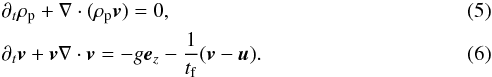Mathematical equation: \begin{eqnarray} && \partial_t \rho_{\rm p} +\nabla \cdot (\rho_{\rm p}\vc v) =0, \label{eq:SI_part_cont}\\ &&\partial_t \vc v + \vc v \nabla \cdot \vc v = -g \vc e_z -\frac{1}{t_{\rm f}} (\vc v- \vc u). \label{eq:SI_part_mom} \end{eqnarray}
