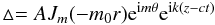 Mathematical equation: \begin{equation} \vartriangle =A J_m(-m_0 r){\rm e}^{{\rm i}m\theta}{\rm e}^{{\rm i}k(z-ct)} \label{divsolution} \end{equation}