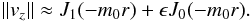 Mathematical equation: \begin{equation} \|v_z\| \approx J_1(-m_0 r) + \epsilon J_0(-m_0 r). \end{equation}