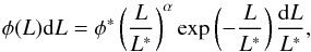 Mathematical equation: \begin{eqnarray} \phi (L){\rm d}L = \phi^*\left(\frac{L}{L^*}\right)^\alpha \exp \left(-\frac{L}{L^*}\right)\frac{{\rm d}L}{L^*} , \label{eq:schechter} \end{eqnarray}