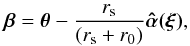 Mathematical equation: \begin{eqnarray} \boldsymbol{\beta} = \boldsymbol{\theta} - \frac{{r}_{\rm s}}{({r}_{\rm s}+r_0)}\boldsymbol{{\hat{\alpha}}(\xi)}, \end{eqnarray}