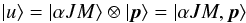 Mathematical equation: \begin{equation} \left\vert u\right\rangle =\left\vert \alpha JM\right\rangle \otimes \left\vert \vec{p}\right\rangle =\left\vert \alpha JM,\vec{p}\right\rangle \, \end{equation}
