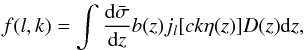 Mathematical equation: \begin{equation} f(l,k)=\int \frac{{\rm d}\bar{\sigma}}{{\rm d}z} b(z) j_l[ck\eta(z)] D(z) {\rm d}z, \end{equation}