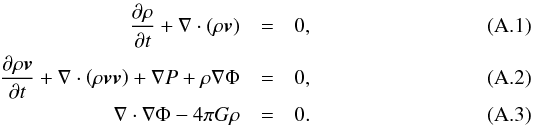 Mathematical equation: \appendix \setcounter{section}{1} \begin{eqnarray} {\partial \rho \over \partial t} + \nabla\cdot(\rho \vec{v}) &=& 0 , \\ {\partial \rho\vec{v} \over \partial t} + \nabla\cdot\left(\rho \vec{v}\vec{v}\right) + \nabla P + \rho\nabla\Phi &=& 0 , \\ \nabla \cdot \nabla\Phi - 4\pi G\rho&=& 0 . \end{eqnarray}