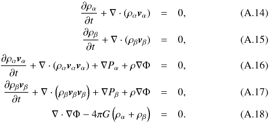 Mathematical equation: \appendix \setcounter{section}{1} \begin{eqnarray} {\partial \rho_{\alpha} \over \partial t} + \nabla\cdot(\rho_{\alpha} \vec{v}_{\alpha}) &=& 0 , \\ {\partial \rho_{\beta} \over \partial t} + \nabla\cdot(\rho_{\beta} \vec{v}_{\beta}) &=& 0 , \\ {\partial \rho_{\alpha}\vec{v}_{\alpha} \over \partial t} + \nabla\cdot\left(\rho_{\alpha} \vec{v}_{\alpha}\vec{v}_{\alpha}\right) + \nabla P_{\alpha} + \rho\nabla\Phi &=& 0 , \\ {\partial \rho_{\beta}\vec{v}_{\beta} \over \partial t} + \nabla\cdot\left(\rho_{\beta} \vec{v}_{\beta}\vec{v}_{\beta}\right) + \nabla P_{\beta} + \rho\nabla\Phi &=& 0 , \\ \nabla \cdot \nabla\Phi -4\pi G\left(\rho_{\alpha} + \rho_{\beta}\right)&=& 0 . \end{eqnarray}
