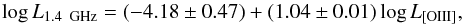 Mathematical equation: \begin{equation} \log{L_{1.4 \,\rm~GHz}} = (-4.18\pm0.47) + (1.04 \pm 0.01)\log{L_{\rm [O III]}} , \label{eqo3} \end{equation}