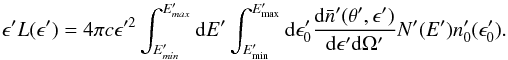 Mathematical equation: \begin{equation} \epsilon' L(\epsilon') = 4\pi c\epsilon'^2 \int_{E_{min}'}^{E_{max}'}\mathrm {\rm d}E'\int_{E'_{\rm min}}^{E'_{\rm max}} \mathrm {\rm d}\epsilon'_0 \frac{\mathrm {\rm d}\bar{n}'(\theta',\epsilon')}{\mathrm {\rm d}\epsilon'\mathrm {\rm d}\Omega'} N'(E') n'_0(\epsilon'_0){\rm.} \end{equation}