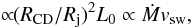 Mathematical equation: $$ \propto \!\!(R_{\rm CD}/R_{\rm j})^2L_0\propto \dot{M}v_{\rm sw}, $$