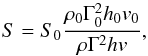 Mathematical equation: \appendix \setcounter{section}{1} \begin{equation} S = S_0\frac{\rho_0 \Gamma_0^2 h_0 v_0}{\rho \Gamma^2 h v}, \end{equation}