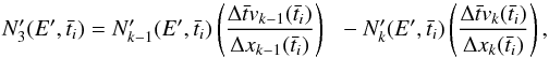 Mathematical equation: \appendix \setcounter{section}{2} \begin{equation} N'_3(E',\bar{t}_i)=N'_{k-1}(E',\bar{t}_i)\left(\frac{\Delta \bar{t} v_{k-1}(\bar{t}_i)}{\Delta x_{k-1}(\bar{t}_i)}\right)\\ -N'_{k}(E', \bar{t}_i)\left(\frac{\Delta \bar{t} v_{k}(\bar{t}_i)}{\Delta x_{k}(\bar{t}_i)}\right), \label{eq:advection} \end{equation}