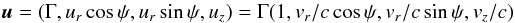 Mathematical equation: \appendix \setcounter{section}{3} \begin{equation} \vec{u}=(\Gamma,u_r\cos\psi,u_r\sin\psi,u_z)=\Gamma(1,v_r/c\cos\psi,v_r/c\sin\psi,v_z/c)\, \end{equation}