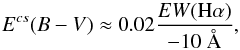 Mathematical equation: \begin{equation} E^{cs}(B-V) \approx 0.02\frac{EW(\rm H\alpha)}{-10~\AA}, \end{equation}