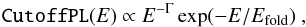 Mathematical equation: \begin{equation} \texttt{CutoffPL}(E)\propto E^{-\Gamma}\exp(-E/E_\mathrm{fold})~, \end{equation}