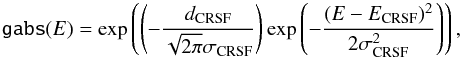 Mathematical equation: \begin{equation} \texttt{gabs}(E) = \exp\left(\left(- \frac{d_\mathrm{CRSF}}{\sqrt{2\pi}\sigma_\mathrm{CRSF}} \right) \exp\left( -\frac{(E- E_\mathrm{CRSF})^2}{2\sigma_\mathrm{CRSF}^2} \right)\right), \end{equation}