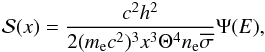 Mathematical equation: \appendix \setcounter{section}{1} \begin{eqnarray} \label{occ_numb_c} \mathcal{S}(x)= \frac{c^2 h^2 }{2 (\me c^2)^3 x^3 \Theta^4 \ne \overline{\sigma}} \Psi(E), \end{eqnarray}