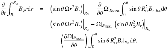 Mathematical equation: \appendix \setcounter{section}{1} \begin{eqnarray} \frac{\partial}{\partial t}\! \int_{R_{\rm T}}^{R_{\odot}}\!B_{\phi} r \mathrm{d}r &=& \left.\left(\sin\theta\, \Omega r^2 B_r \right)\right\vert_{R_\odot} - \frac{\partial}{\partial \theta} \Omega\vert_{R_{\rm NSSL}} \!\! \int_0^{\theta}\sin\theta\, R_{\odot}^2 B_r\vert_{R_{\odot}} \mathrm{d}\theta \nonumber \\ &=& \left.\left(\sin\theta\, \Omega r^2 B_r \right)\right\vert_{R_\odot} - \Omega\vert_{R_{\rm NSSL}} \left.\left(\sin\theta \, R_{\odot}^2B_r\right)\right\vert_{R_{\odot}} \nonumber \\ && \quad- \left(\frac{\partial \Omega\vert_{R_{\rm NSSL}}} {\partial \theta}\right) \int_0^{\theta} \sin\theta\, R_{\odot}^2 B_r\vert_{R_{\odot}} \mathrm{d}\theta . \end{eqnarray}