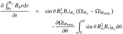 Mathematical equation: \appendix \setcounter{section}{1} \begin{eqnarray} \frac{\partial \int_{R_{\rm T}}^{R_{\odot}}B_{\phi} r \mathrm{d}r}{\partial t} & = & \sin\theta\, R_\odot^2 B_r\vert_{R_{\odot}} \left( \Omega\vert_{R_\odot}- \Omega\vert_{R_{\rm NSSL}} \right)\nonumber \\ & &\quad- \frac{\partial \Omega\vert_{R_{\rm NSSL}}}{\partial \theta} \int_0^{\theta} \sin\theta\, R_{\odot}^2 B_r\vert_{R_{\odot}} \mathrm{d}\theta . \end{eqnarray}