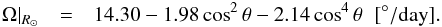 Mathematical equation: \appendix \setcounter{section}{1} \begin{eqnarray} \label{eqn:omega_rsun} \Omega\vert_{R_{\odot}}&=& 14.30-1.98 \cos^2\theta-2.14 \cos^4\theta \mbox{\hspace{0.2cm}} [^{\circ}/\mbox{day}] . \end{eqnarray}