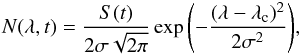 Mathematical equation: \begin{eqnarray} N(\lambda,t) = \frac{S(t)}{2 \sigma \sqrt{2 \pi}} \exp{\left(-\frac{(\lambda-\lambda_{\rm c})^2}{ 2 \sigma^2}\right)} \label{eqn:N} , \end{eqnarray}