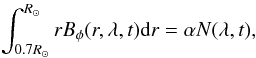 Mathematical equation: \begin{eqnarray} \int_{0.7 R_{\odot}}^{R_{\odot}} r B_\phi(r,\lambda,t) \mathrm{d}r = \alpha N(\lambda,t), \label{eqn:spots_to_bphi} \end{eqnarray}