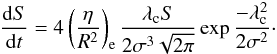 Mathematical equation: \begin{eqnarray} \frac{{\rm d} S}{{\rm d} t}= 4 \left(\frac{\eta}{R^2}\right)_{\mathrm{e}} \frac{\lambda_{\rm c} S}{2 \sigma^3 \sqrt{2 \pi}} \exp{\frac{-\lambda_{\rm c}^2}{2 \sigma^2}}\cdot \label{eqn:ODE} \end{eqnarray}