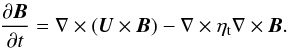 Mathematical equation: \begin{eqnarray} \frac{\partial {\vec{B}}}{\partial t}= \nabla \times ( {\vec{U}} \times {\vec{B}}) - \nabla \times \eta_{\mathrm{t}}\nabla \times {\vec{B}}. \end{eqnarray}