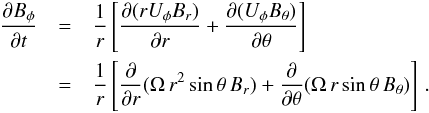 Mathematical equation: \appendix \setcounter{section}{1} \begin{eqnarray} \frac{\partial B_\phi}{\partial t}&=&\frac{1}{r} \left[\frac{\partial (r U_{\phi} B_r)}{\partial r} +\frac{\partial (U_{\phi} B_{\theta})}{\partial\theta}\right]\nonumber \\ &=& \frac{1}{r} \left[\frac{\partial}{\partial r} ( \Omega\, r^2 \sin\theta\, B_r) + \frac{\partial}{\partial\theta} ( \Omega\, r \sin\theta\, B_\theta)\right]\,. \end{eqnarray}