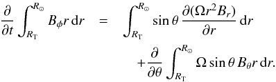 Mathematical equation: \appendix \setcounter{section}{1} \begin{eqnarray} \frac{\partial}{\partial t}\int_{R_{\rm T}}^{R_{\odot}}B_{\phi} r\, \mathrm{d}r &=& \int_{R_{\rm T}}^{R_{\odot}} \sin\theta\, \frac{\partial (\Omega r^2 B_r)}{\partial r} \,\mathrm{d}r \nonumber \\ &&\quad+ \frac{\partial}{\partial \theta} \int_{R_{\rm T}}^{R_{\odot}} \Omega \sin\theta\, B_{\theta}r \,\mathrm{d}r . \end{eqnarray}