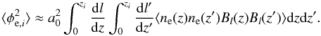Mathematical equation: \appendix \setcounter{section}{1} \begin{equation} \langle\phi_{{\rm e}, i}^2\rangle\approx a_0^2\int_0^{z_{i}}\frac{\mathrm{d}l}{\mathrm{d}z}\int_0^{z_{i}}\frac{\mathrm{d}l^{\prime}}{\mathrm{d}z^{\prime}}\langle n_{\rm e}(z) n_{\rm e}(z^{\prime}) B_{l}(z)B_{l}(z^{\prime})\rangle\mathrm{d}z\mathrm{d}z^{\prime}. \end{equation}