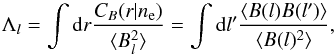 Mathematical equation: \appendix \setcounter{section}{1} \begin{equation} \Lambda_{l}=\int \mathrm{d}r\frac{C_B(r|n_{\rm e})}{\langle B_l^2\rangle}=\int \mathrm{d}l^{\prime}\frac{\langle B(l)B(l^{\prime})\rangle}{\langle B(l)^2\rangle}, \end{equation}