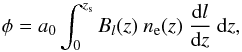 Mathematical equation: \begin{equation} \phi=a_0\int_0^{z_{\rm s}}B_l(z)~n_{\rm e}(z)~\frac{\mathrm{d}l}{\mathrm{d}z}~\mathrm{d}z, \label{definition} \end{equation}