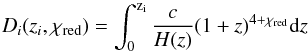 Mathematical equation: \begin{equation} D_i(z_i, \chi_{\rm red})=\int_0^{\rm z_{i}}\frac{c}{H(z)}(1+z)^{4+\chi_{\rm red}}\mathrm{d}z \label{coeff} \end{equation}